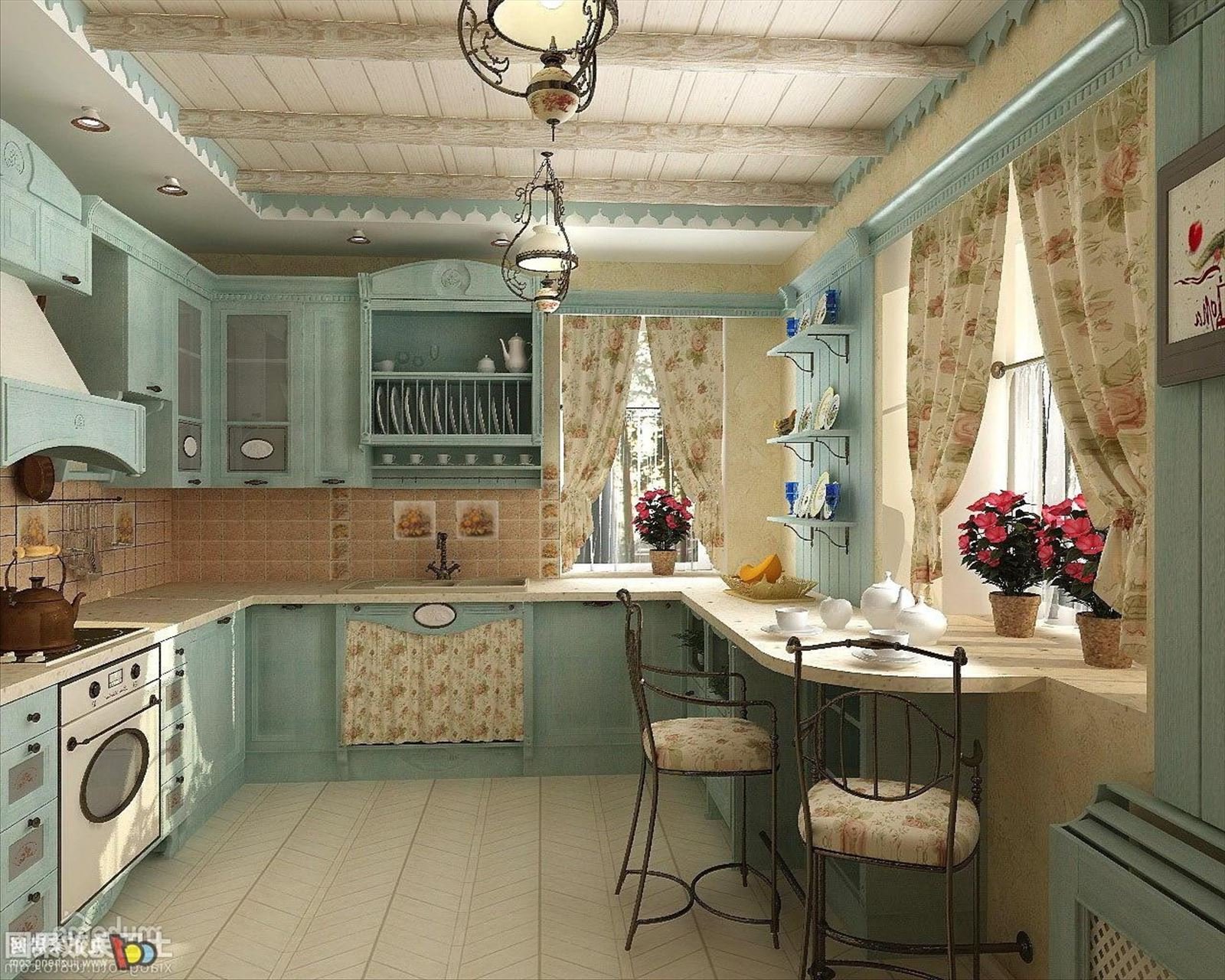 Кухня гостиная в стиле прованс голубая