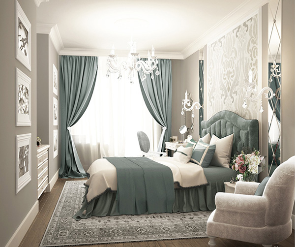 Интерьер с серыми шторами в спальне