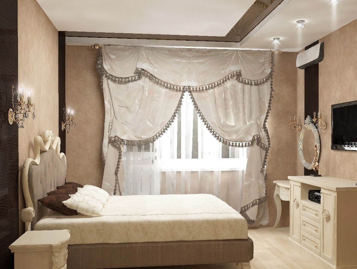 Спальня в бежевых тонах с коричневой мебелью