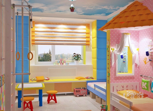 Дизайн детской комнаты для двоих разнополых 15 кв с балконом