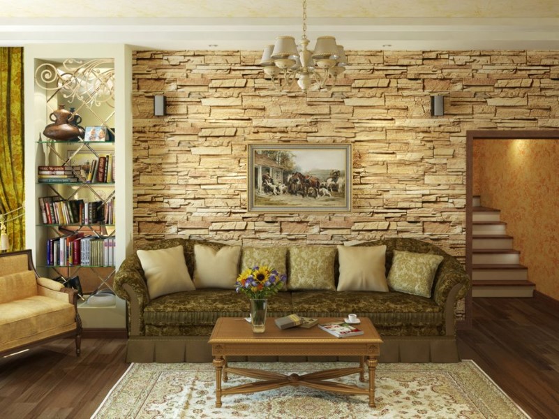 Интерьер гостиной с декоративным камнем