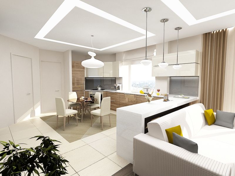 Дизайн гостиной совмещенной с кухней в светлых тонах