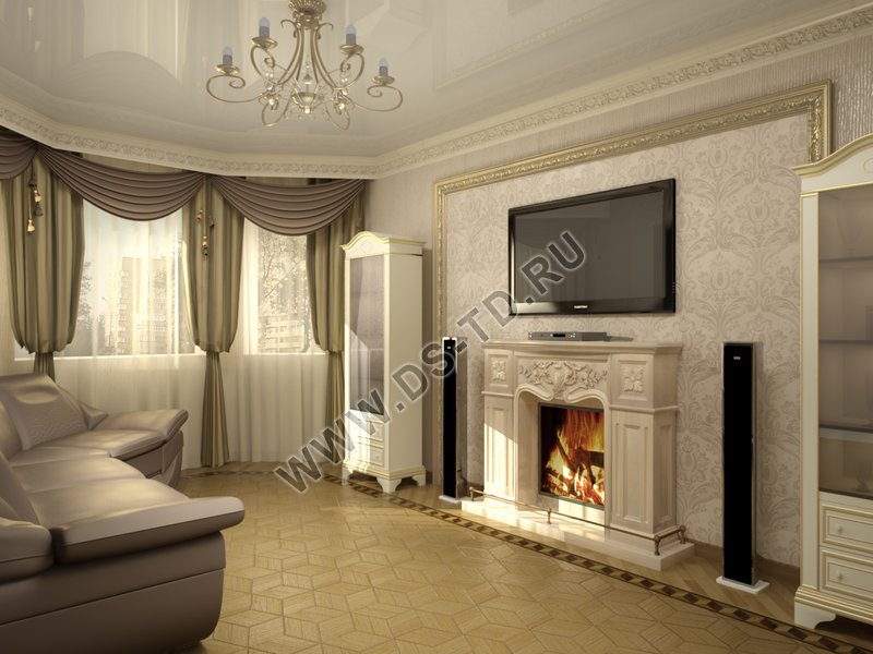 Современный интерьер гостиной с камином в квартире