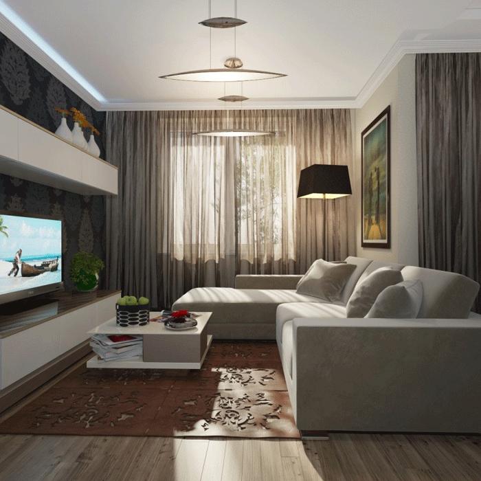 Дизайн светлой гостиной в квартире с угловым диваном