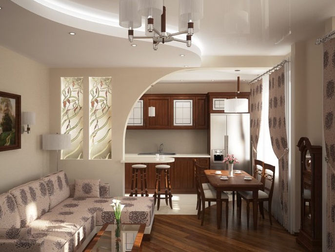 Дизайн совмещенной кухни и гостиной с двумя окнами