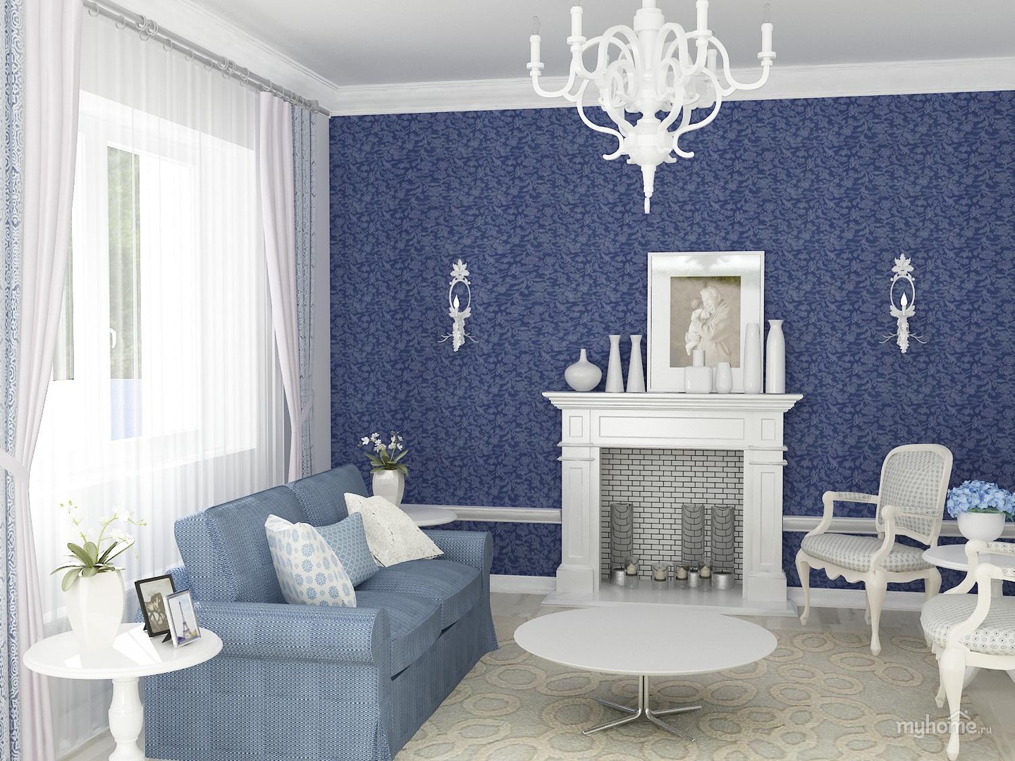 Интерьер с синими стенами и желтым диваном