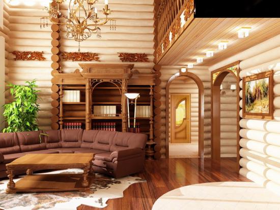 Интерьер гостиной деревянного дома