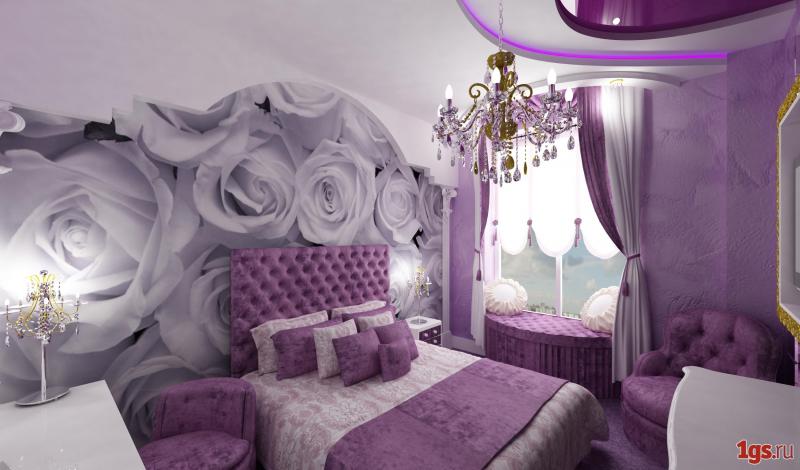 Дизайн спальни в фиолетово серых тонах