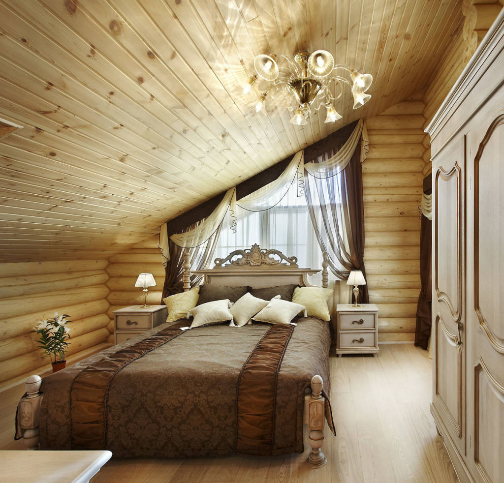 Интерьер спальни в деревянном доме из бруса фото