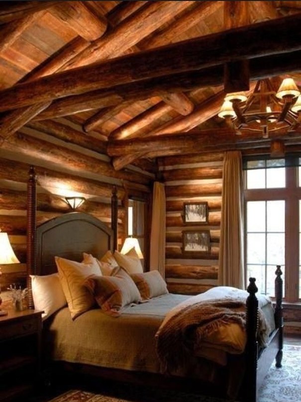 Дизайн спальни в деревянном доме из бревна