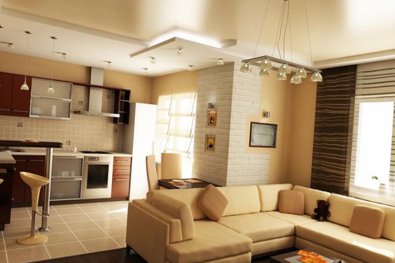 Современный дизайн гостиной с кухней в доме