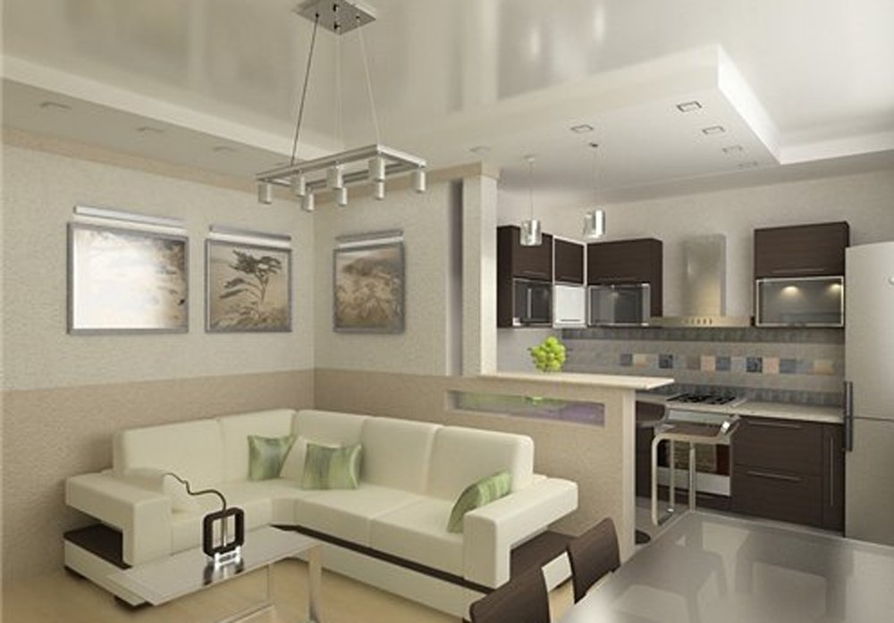 Современный дизайн гостиной с кухней
