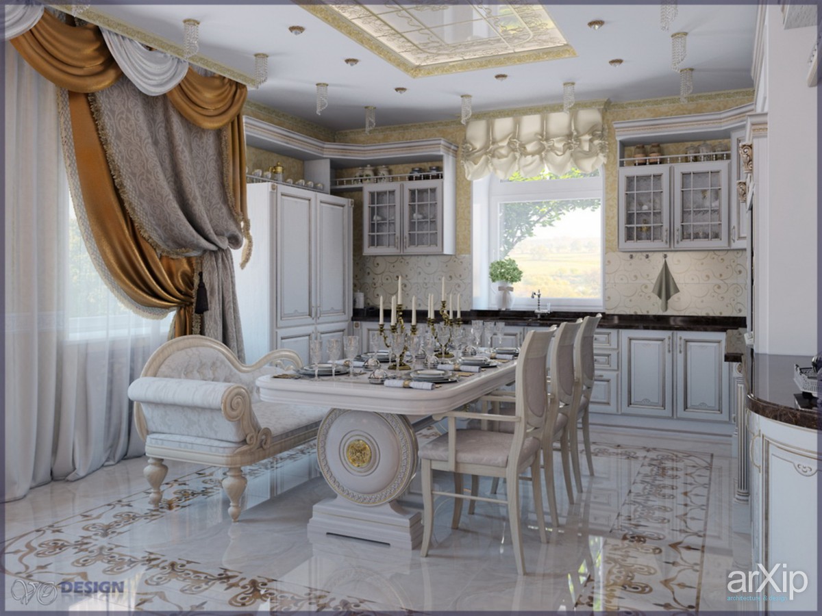 Интерьер гостиной в классическом стиле с кухней