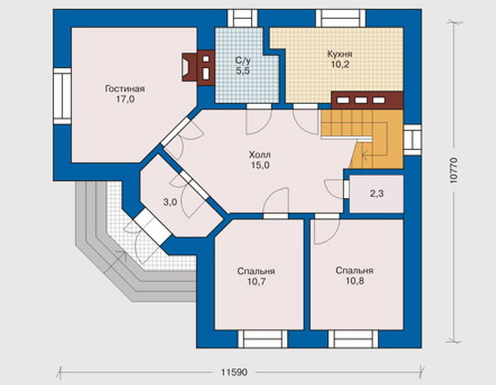 Проекты одноэтажных домов с террасой до 100 кв м с 3 спальнями