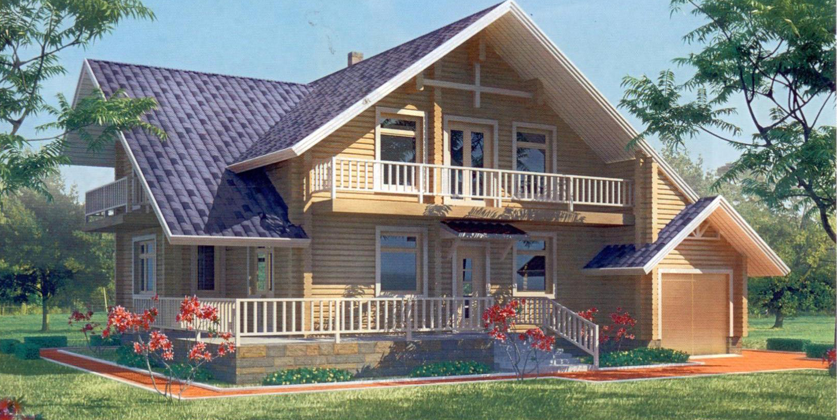 Деревянный дом с террасой и балконом и гаражом