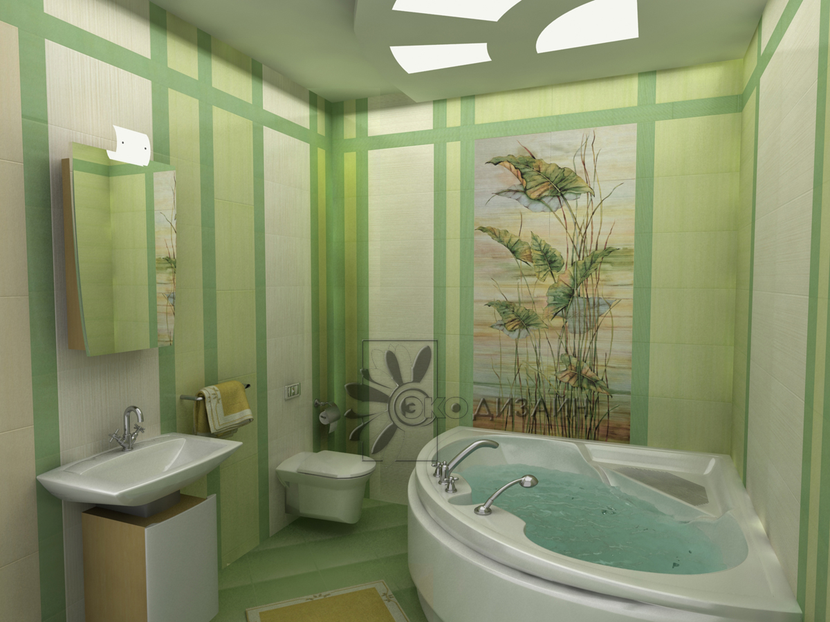 Отделка ванной в зеленоватых тонах