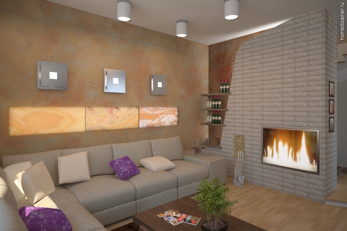 Современный интерьер гостиной с камином в квартире