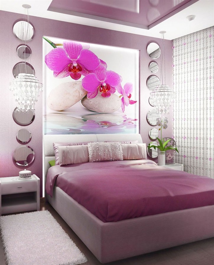 Современный дизайн спальни с фотообоями