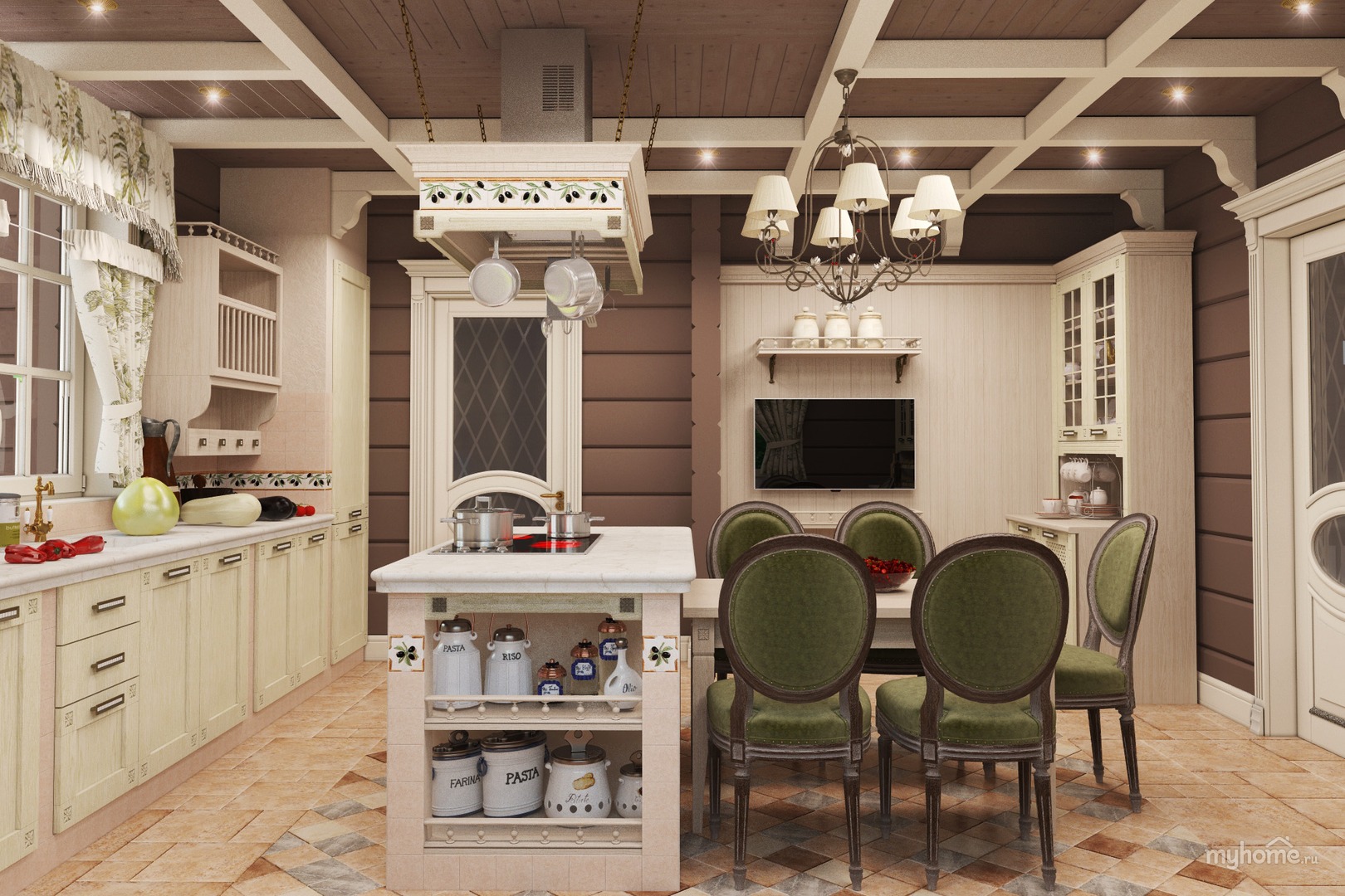 Интерьер кухни в стиле Прованс в доме из клееного бруса