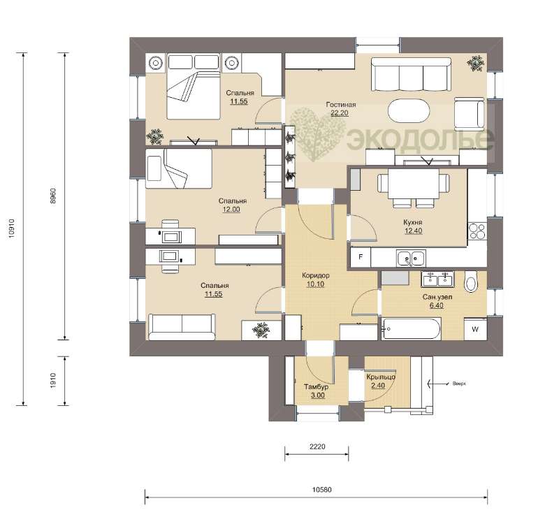 Проекты одноэтажных домов с террасой до 100 кв м с 3 спальнями