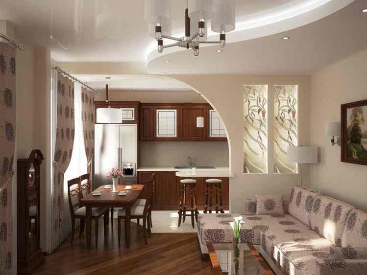 Дизайн светлой гостиной совмещенной с кухней