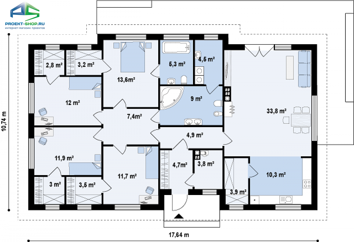 планировка дома 11 на 12 одноэтажный с тремя спальнями