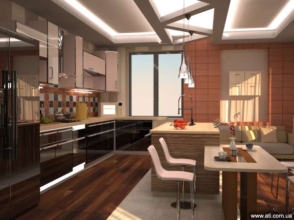Кухня в частном доме с панорамными окнами дизайн фото